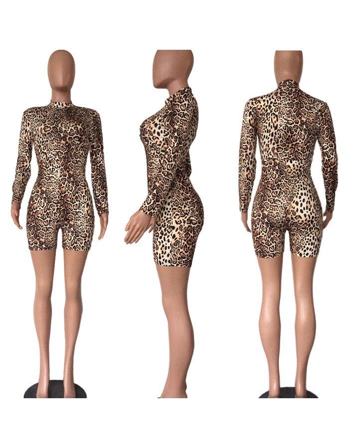 Sexy Long Sleeves Turtleneck Leopard Fitness Biker Playsuits M9125
