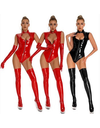 Sexy Underwear Jumpsuit PU Shiny Patent Leather Club Sleeveless Bodysuit XX6875