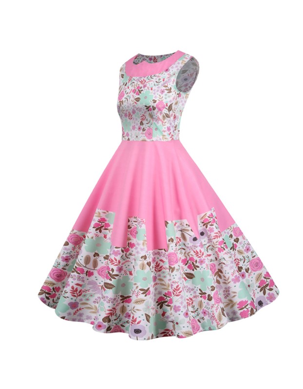 Sleeveless Pleated Pink French Retro Female Printing Dress JY15102