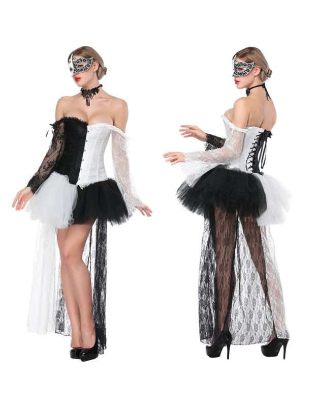 Black White Patchwork Corset With Mini Skirt M1419