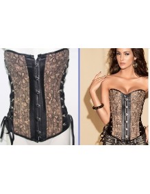 Coffee Faux Leather Trims Turquoise Brocade Corset M1219