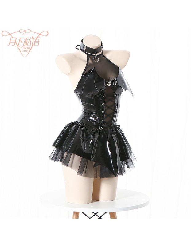Women Imp Bat Patent Leather Witch Dress Costume Daemon Uniform Cosplay FSM096