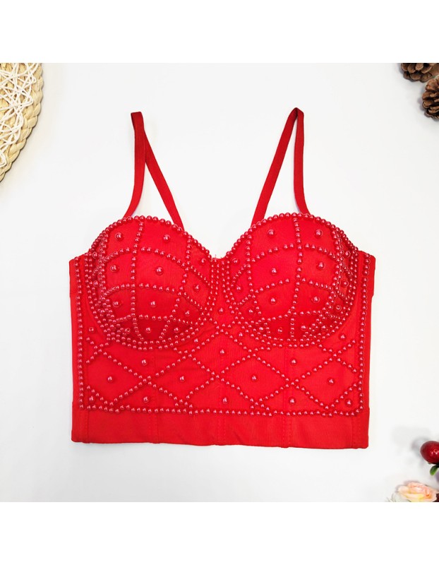 Short Pearl Suspender Vest Sexy Strapless Top 8992