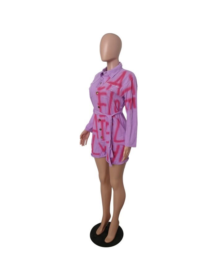 Pink Letter Printed Loose Casual Short Denim Jumpsuit M8461