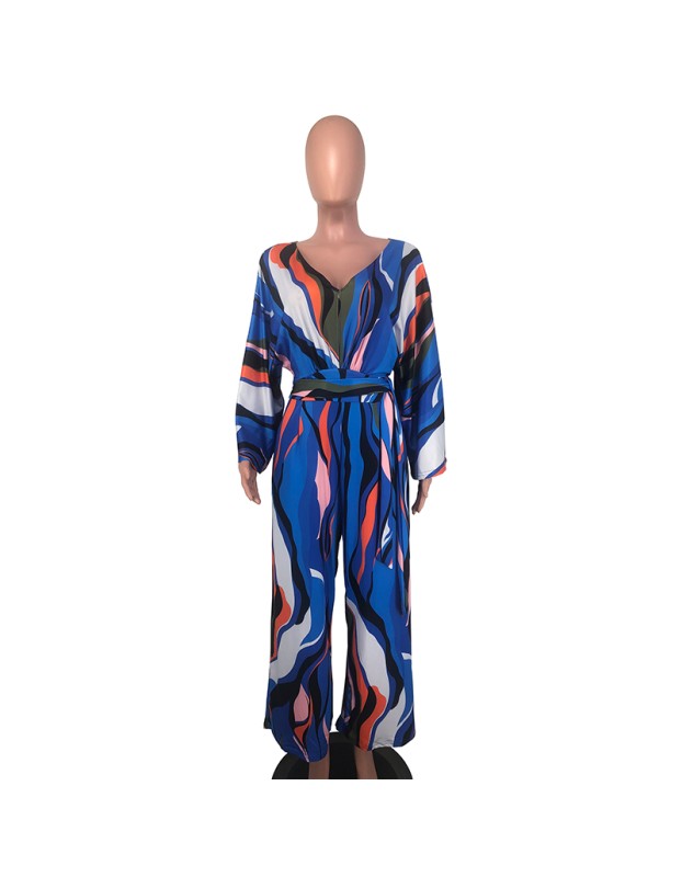 Fashion Sexy V-neck Long Sleeved Printed Wide Leg Jumpsuit For Women YM8631