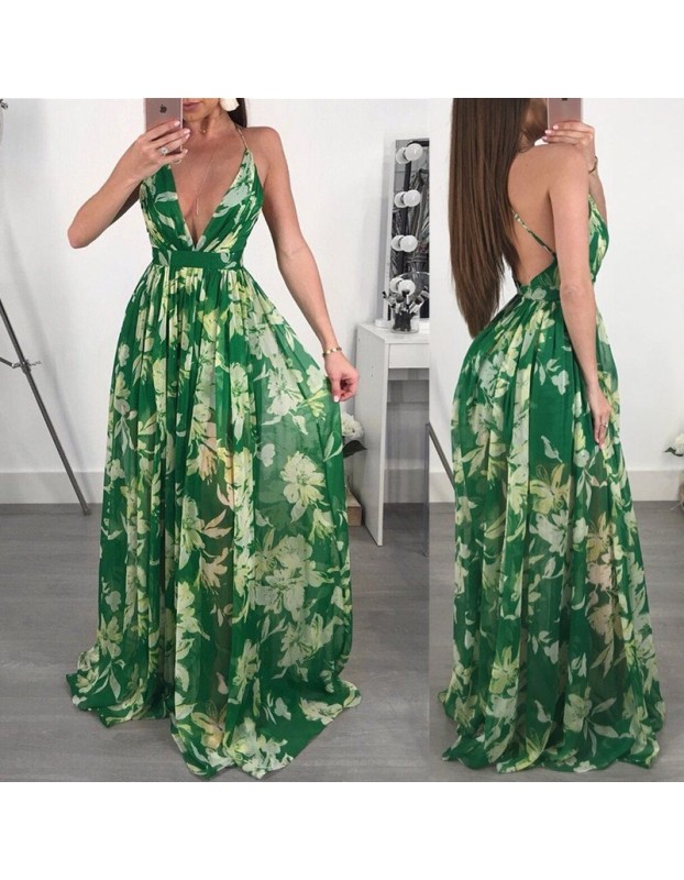 Fashion Ladies Summer Print Floral Boho V Neck Beach Casual Maxi Dresses Long M8212