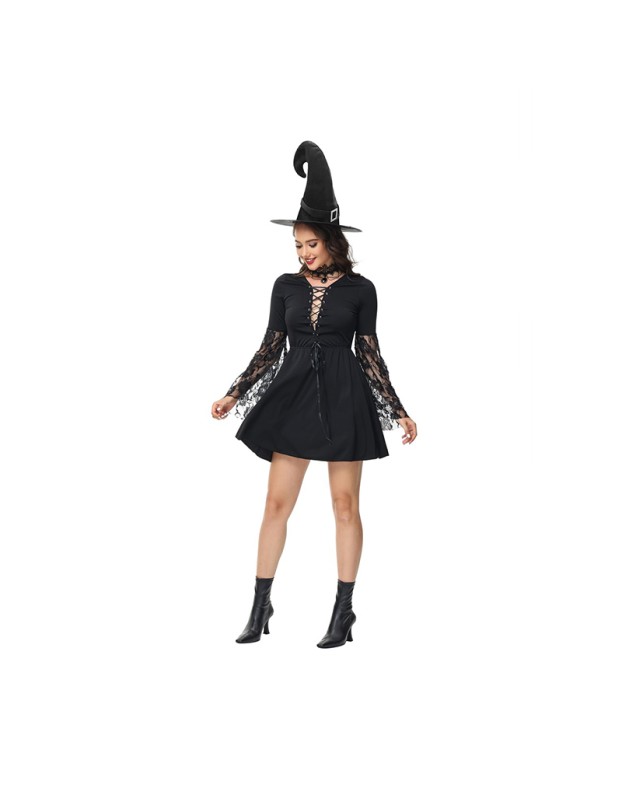 Halloween Party Cosplay Stage Black Cutout Lace Witch Dress Costume SL3399