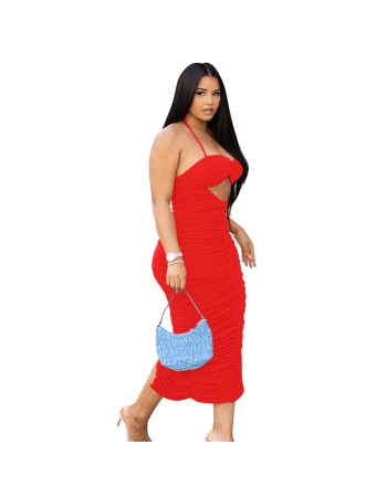 women tube top sexy straps folds halter hollow slit dress M30178