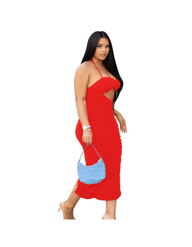 women tube top sexy straps folds halter hollow slit dress M30178