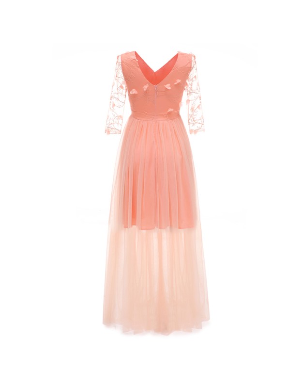 Net Yarn Flowers Wedding Bridal Long V-Neck Club Sexy Thin Dress CD1672