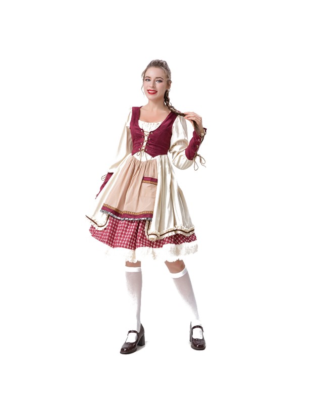 Halloween Maid  Adult Red Plaid Dress Cosplay Red Cape Play Costume YM8735