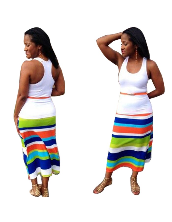 Summer high waist rainbow striped sleeveless beach wear dress