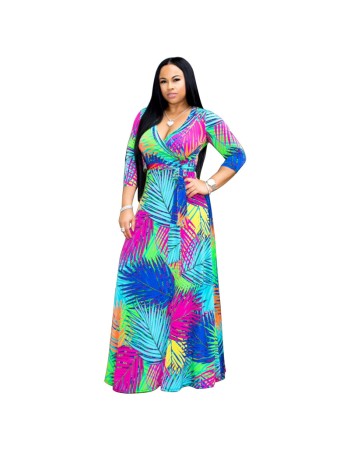 Summer Sexy V Neck Green Palm Leaf Print Holiday Maxi Dress m8408
