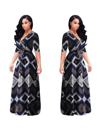 Vintage boho style geometric print half sleeve dresses M8409
