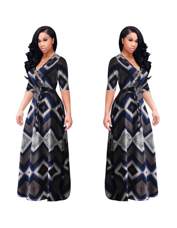 Vintage boho style geometric print half sleeve dresses M8409