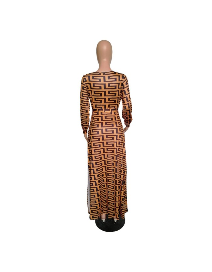 Printed deep v neck long sleeve maxi dress M8300