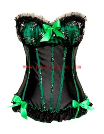 sexy black satin corset with green strips 1888D
