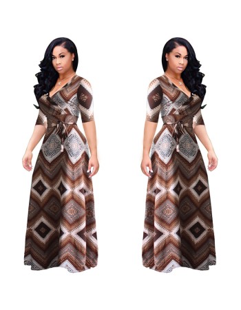 Vintage boho style geometric print half sleeve dresses M8409