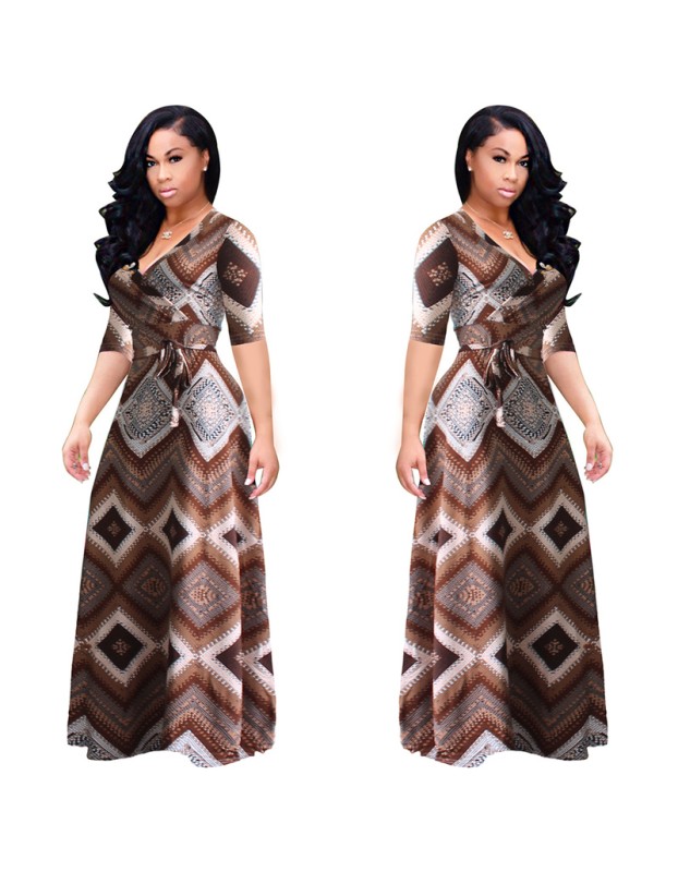 Vintage boho style geometric print half sleeve dresses M8409