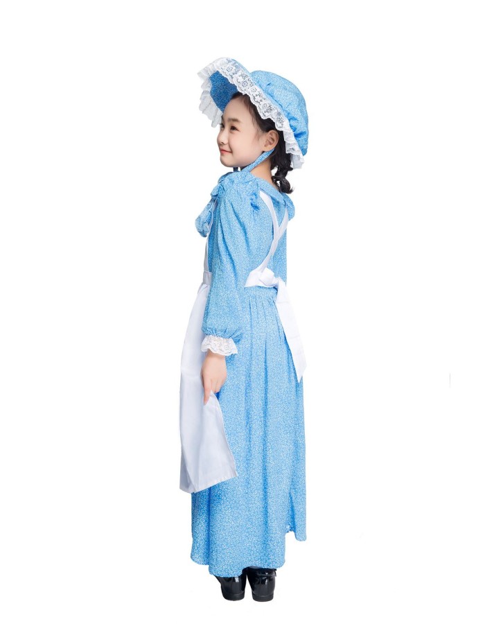 British colonial farm dress girls costume children blue dot dress cosplayM40648