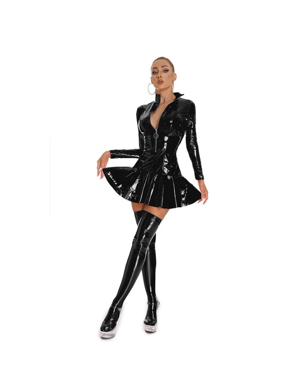 Long Sleeve Shiny Patent Leather Stage Nightclub One Piece Sexy Tight Leather Dress XX6391