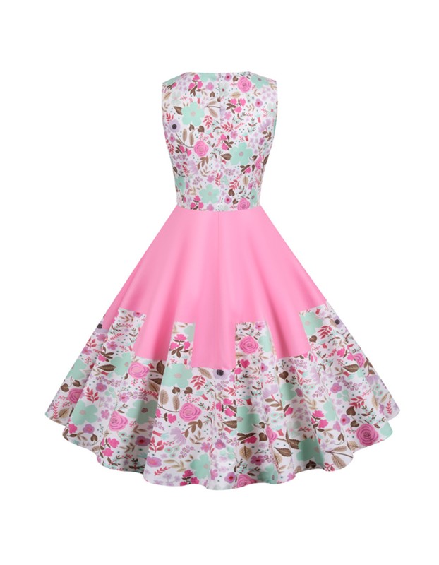 Sleeveless Pleated Pink French Retro Female Printing Dress JY15102