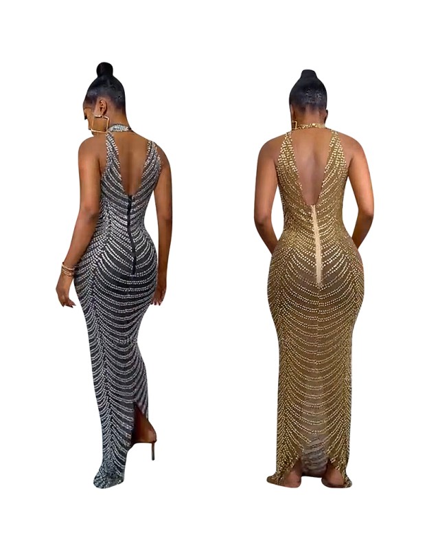 See Through Women Sexy Backless Hot Diamond Elegant Party Dress X5259