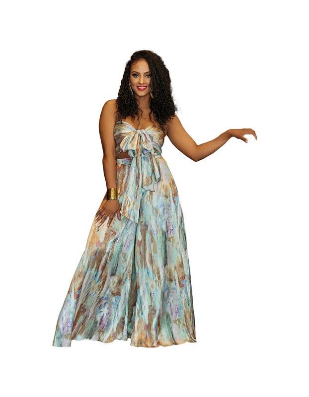 Sexy Women Print Strapless Midriff Two Piece Wide Leg Pants Set 9426
