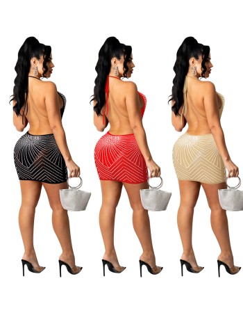Rhinestone Shiny Skirt Dinner Gown Backless Sexy Mesh Night Dress X5251
