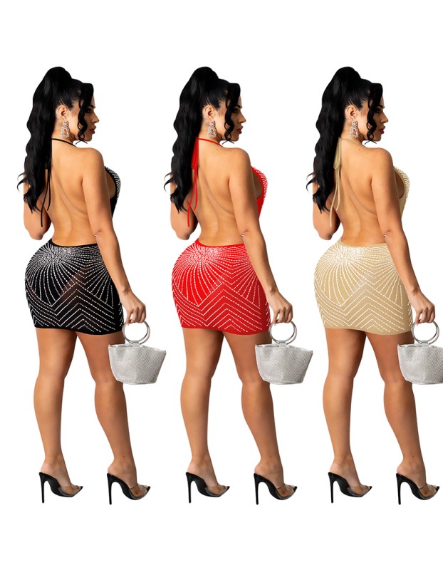 Rhinestone Shiny Skirt Dinner Gown Backless Sexy Mesh Night Dress X5251