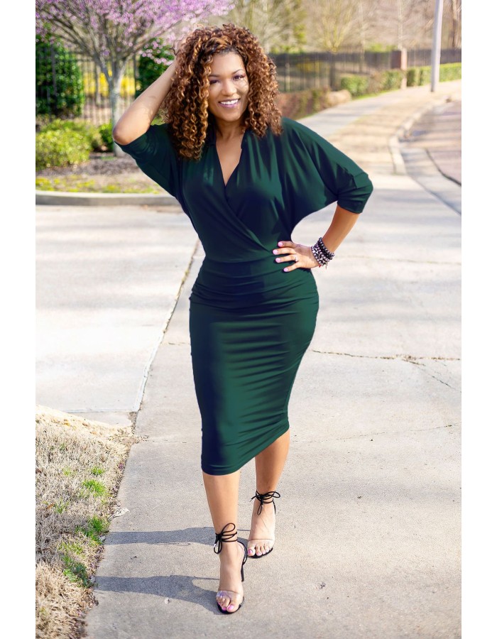 Elegant V Neck Batwing Sleeve Knee Length Bodycon Dress m8385