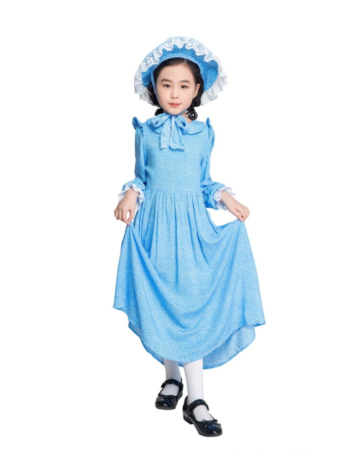 British colonial farm dress girls costume children blue dot dress cosplayM40648