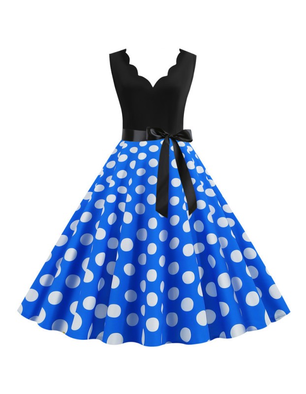 Burnt Polka Print Dot Office Wear Sleeveless V-neck White Dress JY14721