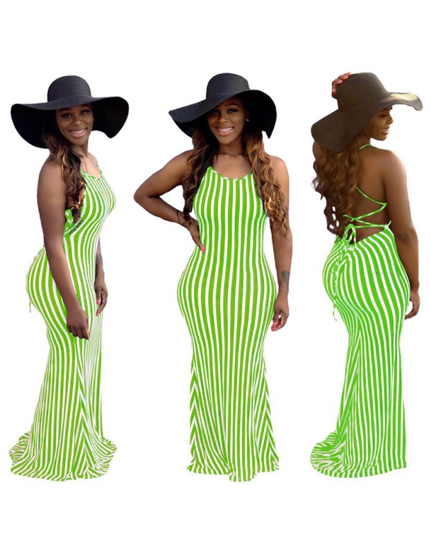 Fashion Striped Sexy Summer Strappy Halter Sexy Women Dress 8620