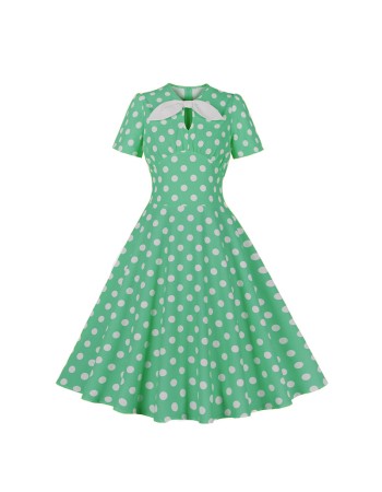 Hepburn Style Round Neck Bow Lace Up Polka Dot Retro Swing Dress Woman 5157