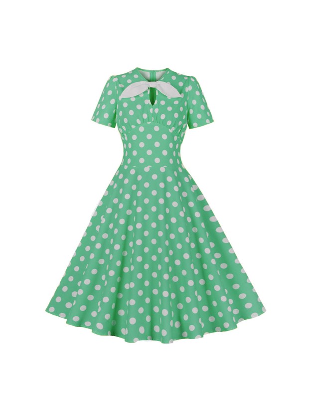 Hepburn Style Round Neck Bow Lace Up Polka Dot Retro Swing Dress Woman 5157