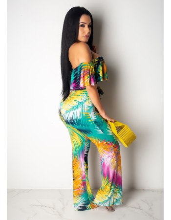 Boho Style Tropical Print Off Shoulder Ruffle Beach Rompers M8420