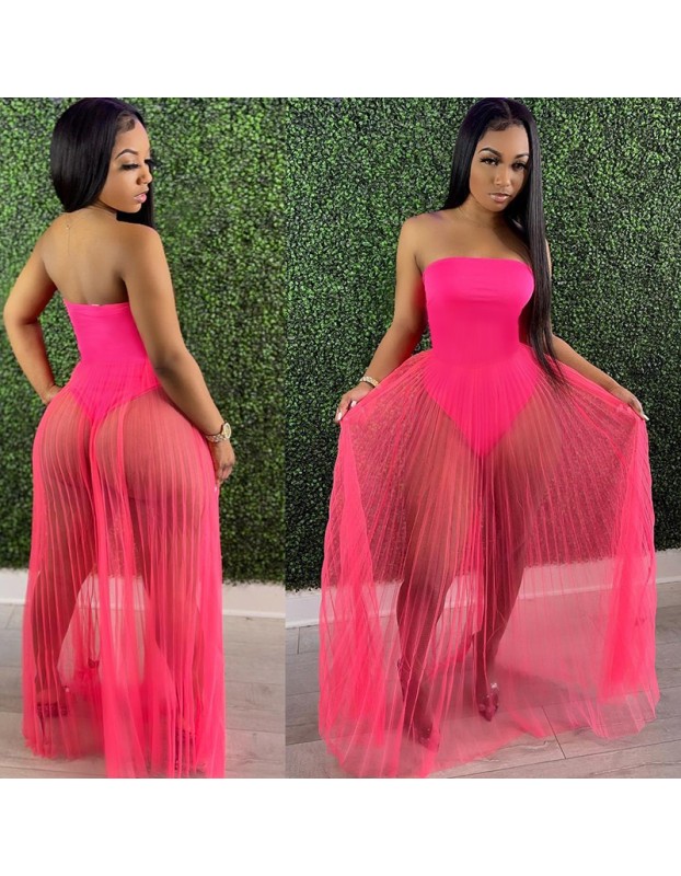 see-through with wrapped chest multicolor strapless summer net dress M30167