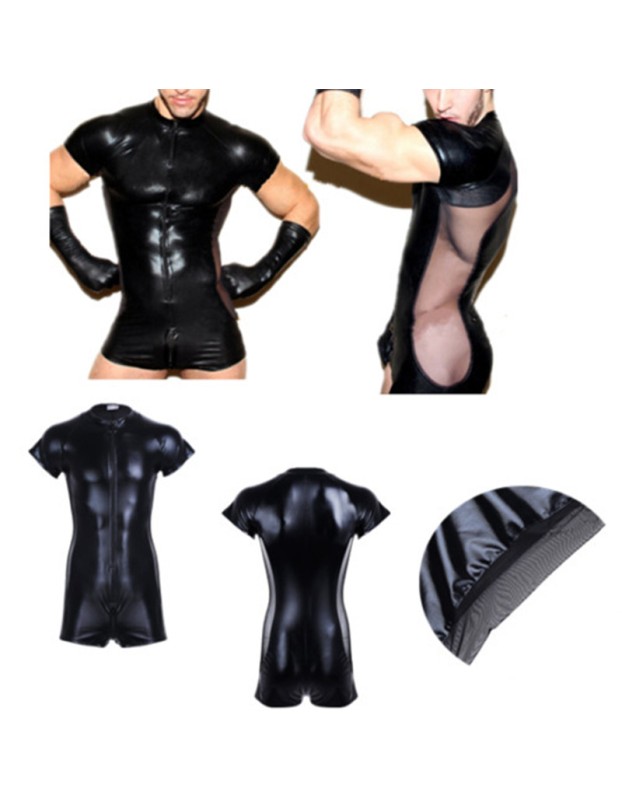 Mens Mesh Lingerie Bodysuits Sexy Catsuit Latex Stretch PVC Jumpsuit M6016