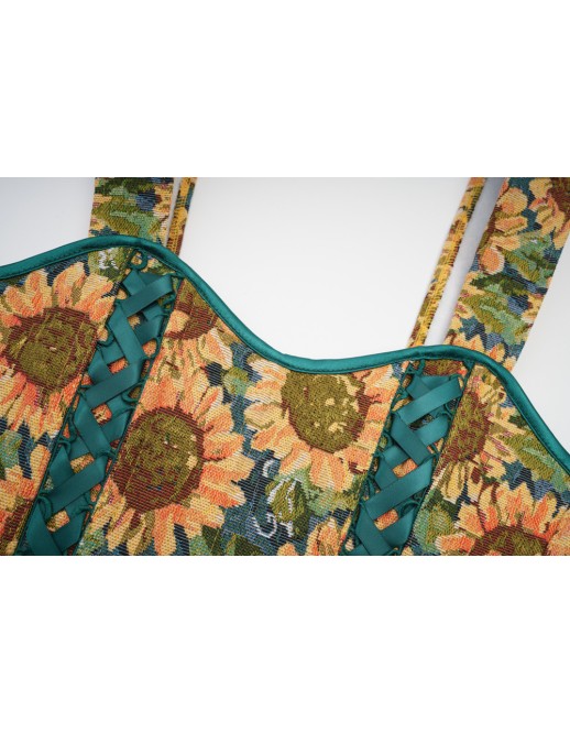 Sexy Lace Trim Sunflower Embroidery Straps Corset Cami Cropped Top M22061