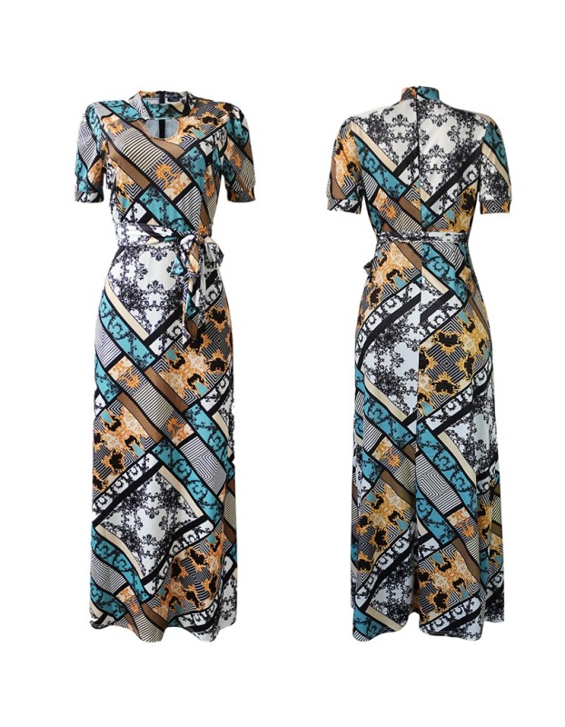 Casual Short Sleeve Long Boho Floral Print Maxi Dress M8410