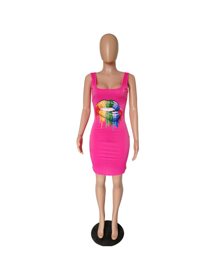 Lips Printed T-Shirt Basic Vest Dress m8441