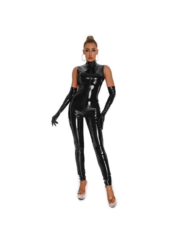 Glossy PU Mirror Sexy Bodysuit Zipper Crotch One Piece Leather Jumpsuit 6845