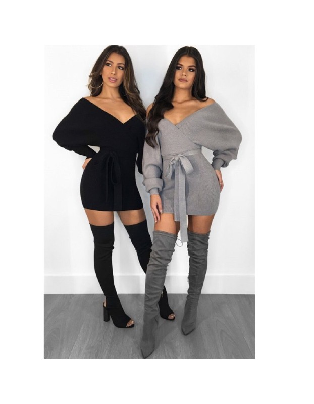 Autumn Winter Off Shoulder Knitted Sweater Dress M8273