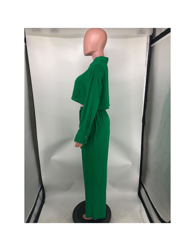 Women's Autumn Simple Solid Color Shirt Wide Leg Straight Pants Casual Suit YM8628