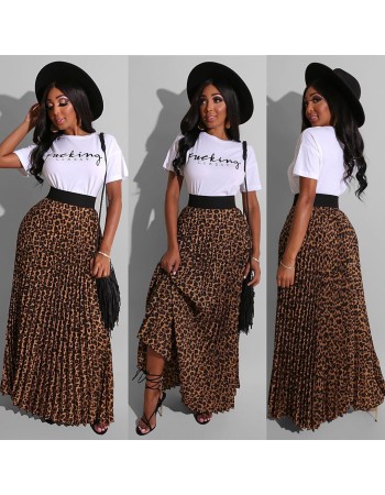 Women White letter T-shirt and Casual Leopard Print Dress Maxi formal skirts for ladies M8451