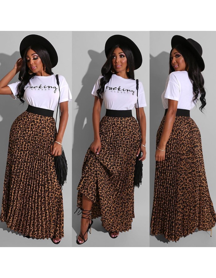 Women White letter T-shirt and Casual Leopard Print Dress Maxi formal skirts for ladies M8451