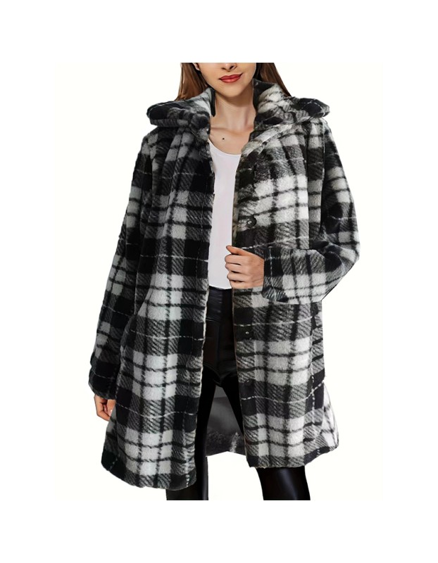 Black And White Extra Cover Women's Leopard Print Pocket Loose Plush Coat YM8629