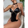 Patent Leather Sexy Underwear Hanging Neck Halter Chain Alternative Suit Jumpsuit YSF536
