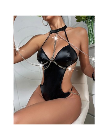 Patent Leather Sexy Underwear Hanging Neck Halter Chain Alternative Suit Jumpsuit YSF536
